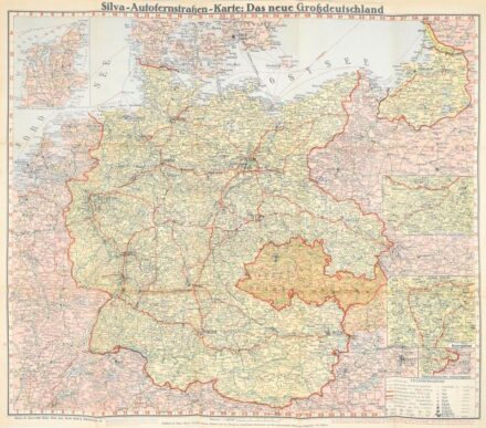 cca 1938 Silvakarte Autofernstrassen von Deutschland (Das neue Grossdeutschland) / Németország autópálya-térképe (az Anschluss utáni Nagy-Németország). 1 : 2.000.000. Verlag für Heimatliche Kultur Willy Holz, Berlin. Hajtva, néhány kis
