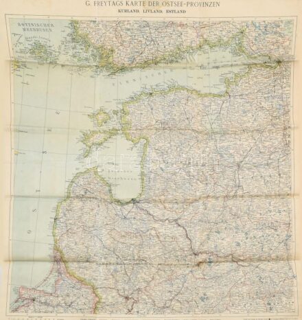 cca 1910 G. Freytags Karte der Ostsee-Provinzen. Kurland, Livland, Estland / A Balti tartományok térképe. Kurföld, Livónia, Észtország. 1 : 1.000.000. Kartograpische Anstalt G. Freytag & Berndt, Wien. Hajtva, 76x70 cm