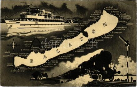 Balaton, térképes montázs gőzmozdonnyal és 'BELOIANNISE' gőzhajóval. Képzőművészeti Alap s: Farnadi Frigyes (EK)