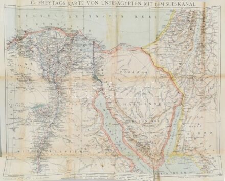 cca 1914-1918 G. Freytags Karte von Unter-Ägypten mit dem Sueskanal / Alsó-Egyiptom térképe a Szuezi-csatornával. 1 : 1.000.000. Kartograpische Anstalt G. Freytag & Berndt, Wien. Hajtva, kisebb sérülésekkel, foltokkal, 63x53 cm
