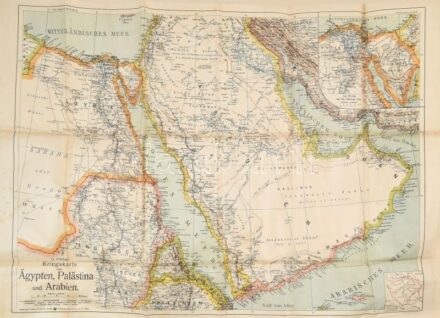 cca 1914-1918 G. Freytags Kriegskarte von Ägypten, Palästina und Arabien / Egyiptom, Palesztina és Szaúd-Arábia térképe. 1 : 5.000.000. Kartograpische Anstalt G. Freytag & Berndt, Wien. Hajtva, sérült borítóval, 79x55 cm