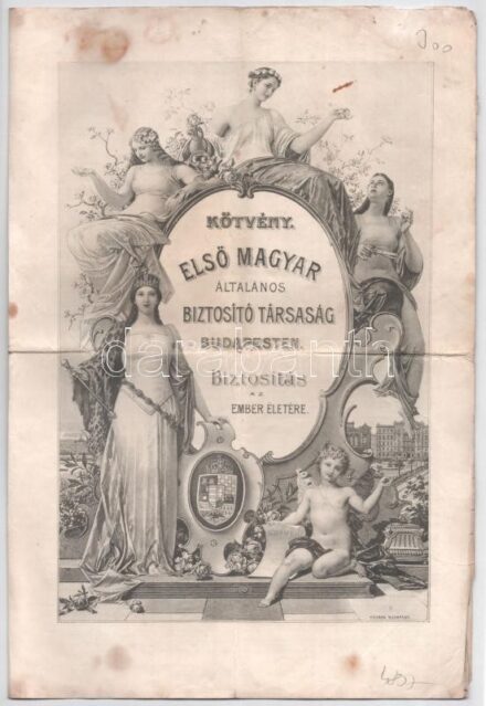 Budapest 1902. 'Első Magyar Általános Biztosító Társaság Budapesten - Biztosítás az ember életére' kötvény kitöltve, 10.000 korona biztosított tőkéről, benne egy kiegészítő 'Biztosítás háború veszélyei ellen' lappal T:III
