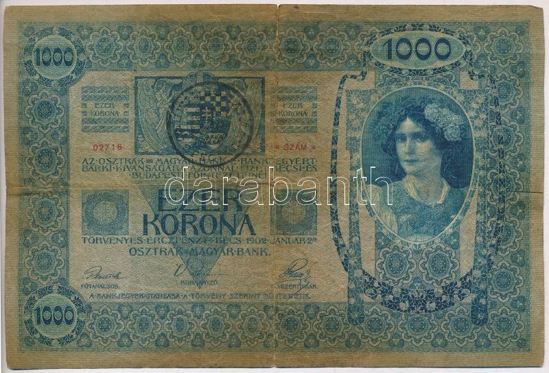 1902. 1000K fekete 'ROMANIA TIMBRU SPECIAL' román felülbélyegzéssel T:III szakadás, folt Adamo K35Be