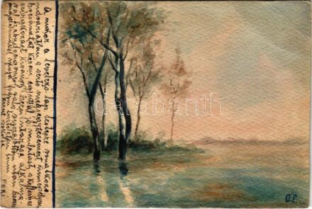 1901 Kézzel festett egyedi művészlap / hand-painted and hand-made art postcard (vágott / cut)