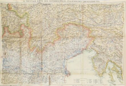 cca 1916-1918 G. Freytags Karte der Österreichisch-italienischen Grenzgebietes / Az osztrák-olasz határ menti területek térképe. 1 : 600.000. Kartograpische Anstalt G. Freytag & Berndt, Wien. Hajtva, apró szakadásokkal, 75x53 cm