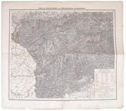 1875 Tirol mit Vorarlberg und Fürstenthum Liechtenstein / Tirol, Vorarlberg és a Liechtensteini Hercegség térképe. 1 : 750.000. Druck und Verlag von C. Flemming, Glogau. Hajtva, néhány szakadással, 46,5x39,5 cm