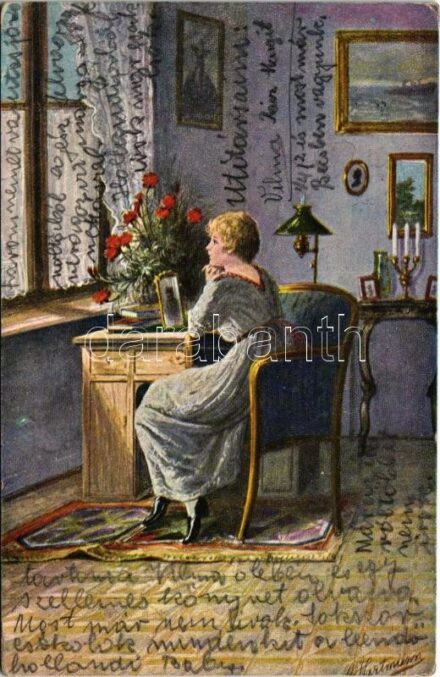 Sehnsucht / Vágyódás / Lady art postcard s: Ad. Hartmann (EK)