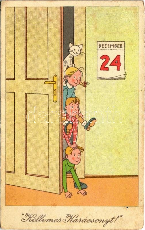 1954 Kellemes Karácsonyt! Képzőművészeti Alap Kiadóvállalat / Christmas greeting art postcard with children (EB)