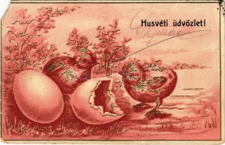 1907 Húsvéti üdvözlet! / Easter greeting art postcard with eggs and chicken. litho (EM)