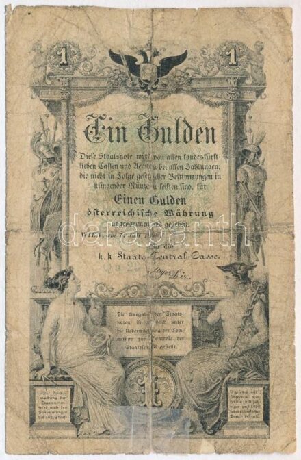 1866. 1G vízjel nélkül, 'Qa 23' sorszámmal T:IV ragasztott Austrian Empire 1866. 1 Gulden without watermark, 'Qa 23' serial C:G sticked Adamo G97