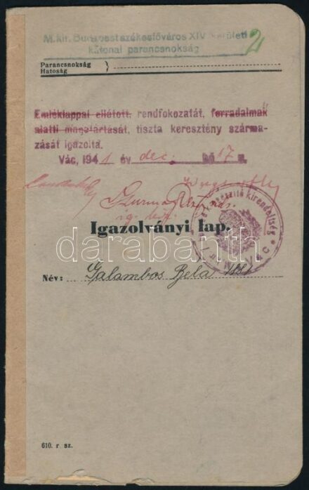 1940 M. kir. Budapest székesfőváros XIV. kerületi katonai parancsnokság katonai igazolványi lap gyalogos őrmester számára