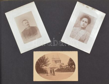 cca 1920 Családi fotóalbum, egy-két katonai portréval, biciklis fotóval, kastélypark, Tahi hajó, stb, vegyes méretben