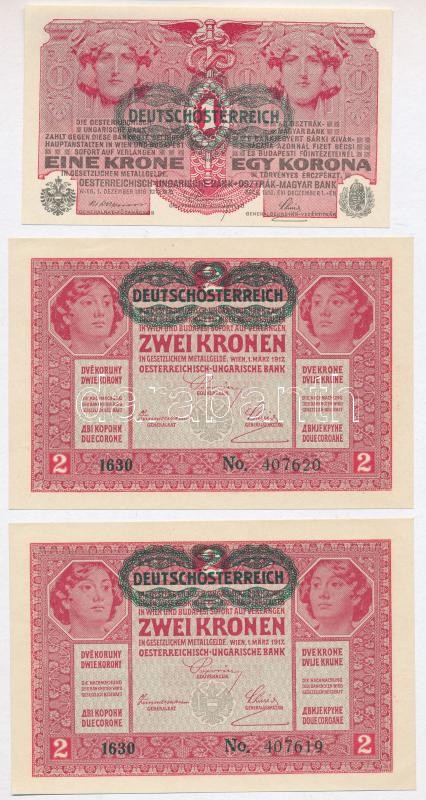 1916. 1K zöld 'DEUTSCHÖSTERREICH' felülbélyegzéssel + 1917. 2K zöld 'DEUTSCHÖSTERREICH' felülbélyegzéssel (2x) sorszámkövető T:I,I- Adamo K3B, K6