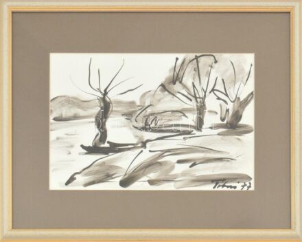 Tábori József (1928-2001): Mártélyi Tisza part. Tus, papír. Jelzett. Üvegezett keretben, 21x32 cm