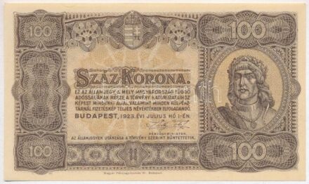 1923. 100K 'Magyar Pénzjegynyomda Rt.' nyomdahely jelöléssel T:I,I-