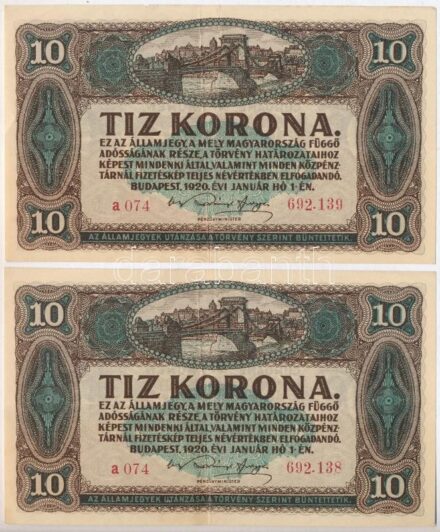1920. 10K (2x) sorszámkövetők 'a 074 692.138 - a 074 692.139' T:III kis beszakadás, szép papír Adamo K14