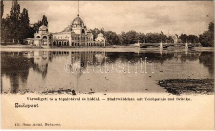 Budapest XIV. Városligeti tó a tópalotával és híddal. Ganz Antal 111.