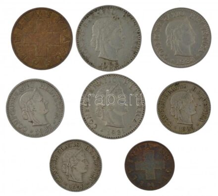Svájc 1953. 1R bronz + 1957. 2R bronz + 1925-1943. 5R Cu-Ni (2xklf) + 1934-1957. 10R Cu-Ni (2xklf) + 1931-1955. 20R Cu-Ni (2xklf) T:1-,2 Switzerland 1953. 1 Rappen bronze + 1957. 2 Rappen bronze + 1925-1943. 5 Rappen Cu-Ni (2xdiff) + 1934-1957.