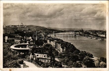 1941 Budapest I. Kilátás a Gellérthegyről, Szent Gellért szobor, Királyi vár, Lánchíd, Tabán, Döbrentei tér (ragasztónyom / glue marks)