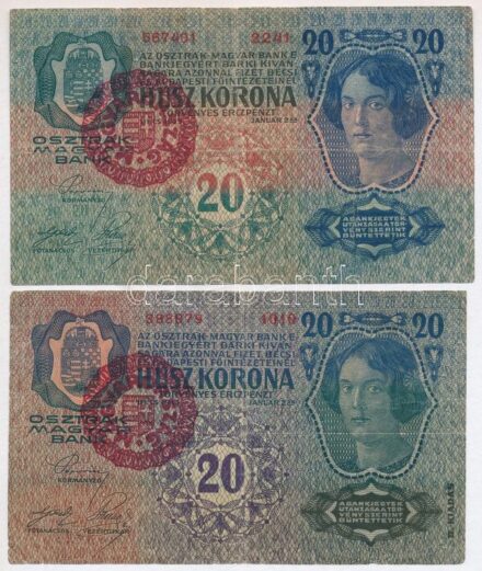 1913. 20K (2xklf: I. és II. kiadás) mindkettő piros 'MAGYARORSZÁG' felülbélyegzéssel T:III- Adamo K17B, K18B