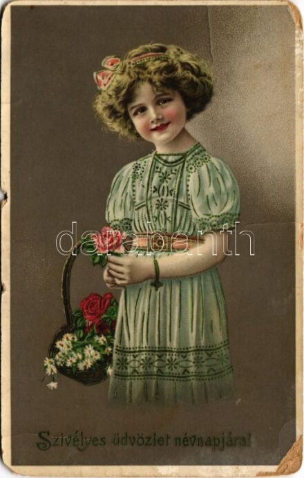 1913 Szívélyes üdvözlet névnapjára! / Name Day greeting art postcard with girl (b)