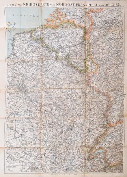 cca 1914-1918 G. Freytags Kriegskarte von Nordost-Frankreich und Belgien / Északkelet-Franciaország és Belgium térképe. 1 : 750.000. Kartograpische Anstalt G. Freytag & Berndt, Wien. Hajtva, kis szakadásokkal, 98x70 cm