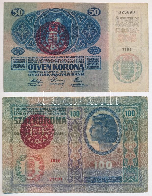 1914. 50K piros 'MAGYARORSZÁG' felülbélyegzéssel + 1912. 100K piros 'MAGYARORSZÁG' felülbélyegzéssel T:III,III- Adamo K24B, K28B