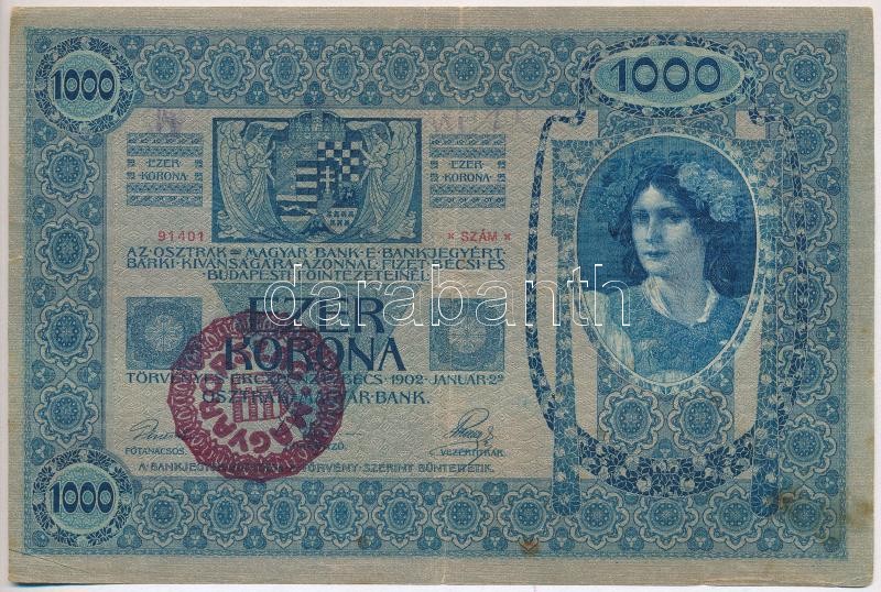 1902. 1000K piros 'MAGYARORSZÁG' körbélyegzővel T:III Adamo SK35B