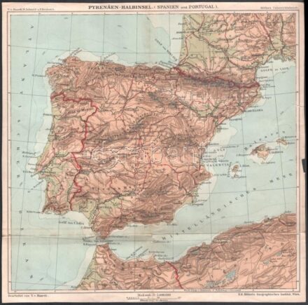 cca 1910 Pyrenäen-Halbinsel (Spanien und Portugal). Höfler's Unterrichtsbriefe / A Pireneusi-félsziget (Spanyolország és Portugália) térképe. 1 : 5.000.000. Ed. Hölzels Geograpisches Institut, Wien. Hajtva, 28x28 cm