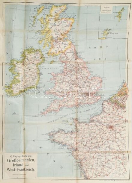 cca 1914-1918 G. Freytags Karte von Grossbritannien, Irland und Westfrankcreich / Nagy-Britannia, Írország és Nyugat-Franciaország térképe. 1 : 2.000.000. Kartograpische Anstalt G. Freytag & Berndt, Wien. Hajtva, kis szakadásokkal, 77x55
