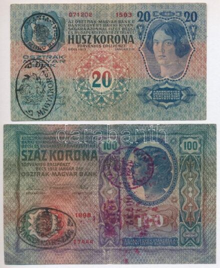 1912. 100K ovális, fekete 'MAGYARORSZÁG' felülbélyegzéssel (hamis?) és egy olvashatatlan felülbélyegzéssel + 1913. 20K ovális, fekete 'MAGYARORSZÁG' felülbélyegzéssel (hamis?) és fekete 'ROMANIA TIMBRU SPECIAL' felülbélyegzéssel
