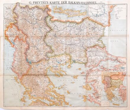 1914 G. Freytags Karte der Balkan-Halbinsel. Mit den neuen politischen Grenzen / A Balkán-félsziget térképe az új politikai határokkal. 1 : 1.250.000. Kartograpische Anstalt G. Freytag & Berndt, Wien. Hajtva, kissé sérült borítóval,