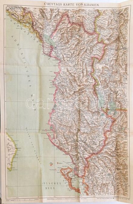 cca 1914-1918 G. Freytags Karte von Albanien / Albánia térképe. 1 : 600.000. Kartograpische Anstalt G. Freytag & Berndt, Wien. Hajtva, sérült borítóval, 67x48 cm