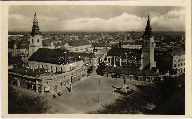 1949 Kecskemét, Fő tér, Benkő István, Körösi és Sípos, Reklám divatáruház, Fuchs Samu, üvegáruház, ruhaipar, Gerő Ignác és fia üzlete