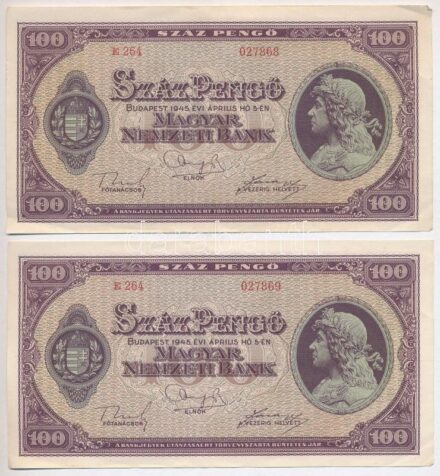 1945. 100P (4x) sorszámkövetők 'E 264 027868-027871' T:III az egyiken kis beszakadás, ezt leszámítva szép papír Adamo P18