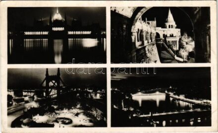 1942 Budapest, Országház, Halászbástya, Erzsébet híd, este (EB)