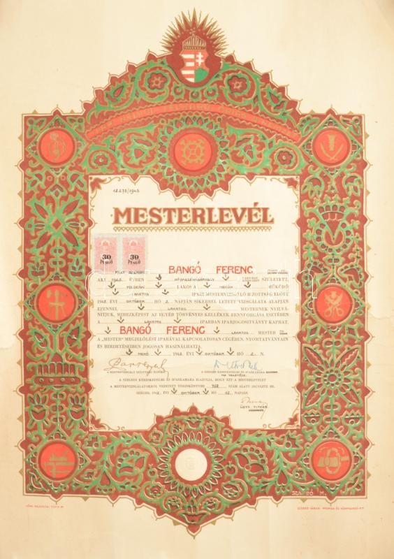 1945 Makó, lakatos mesteri díszoklevél, aláírásokkal, szakadt, 55 x 42 cm