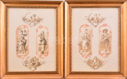 cca 1900-1910 A négy évszak allegóriája, 2 db szecessziós nyomat (Dekorative Vorbilder), dekoratív, üvegezett keretben, 30,5x22,5 cm