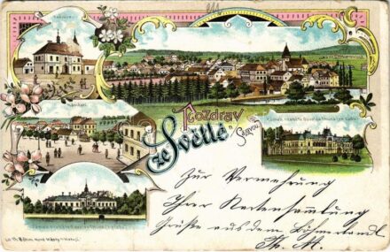 1898 (Vorläufer) Svetlá nad Sázavou, Radnice, Námestí, Zámek hrabete Osvalda Thuna / town hall, general view, square, castle. Lit. Th. Böhm. Art Nouveau, floral, litho (worn corners)