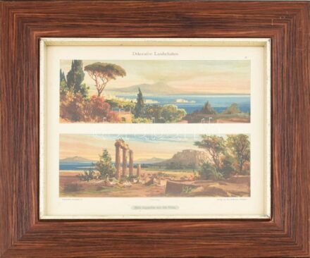 cca 1900-1910 Albert Wirth (1848-1923) festményei után: Dekorative Landschaften. Dekorative Vorbilder V. Színes litográfia, papír. Üvegezett fa keretben, 29x24 cm