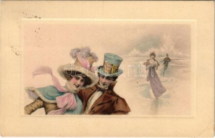 1922 Korcsolyázás télen / Ice skating in winter, sport.M. Munk Vienne Nr. 655. (EK)
