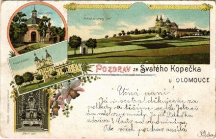 1899 (Vorläufer) Svaty Kopecek (Olomouc, Olmütz); Kaple sv. Anny, Pohled ze strany jizní, Pruceli kostelní, Hlavní oltár / chapel, church, main altar. Art Nouveau, floral, litho (pinhole)