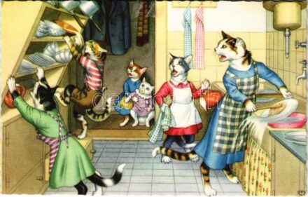 Macska galiba a konyhában / Cats in the kitchen. Colorprint B Special 2256/1. - modern (fl)
