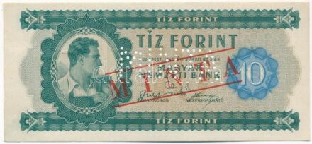 1946. 10Ft 'A640 - 002740' sorozat és sorszámmal, piros 'MINTA' felülnyomással és perforációval T:III apró sarokkopás, egyébként szép papír Hungary 1946. 10 Forint with 'A640 - 002740' serial number and with red 'MINTA' (SPECIMEN)
