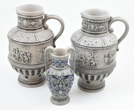 3 darabos kőedény tétel, kopott, részben jelzett, m: 21-30cm