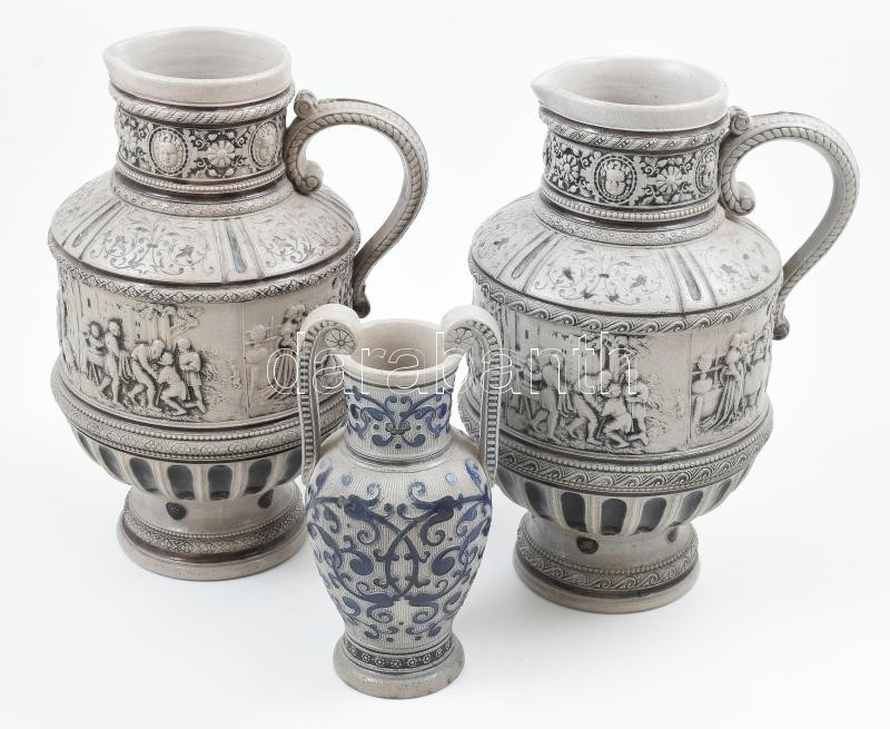 3 darabos kőedény tétel, kopott, részben jelzett, m: 21-30cm