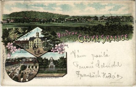 1898 (Vorläufer) Ceská Skalice, Skola c. k. okr. soud, Námestí a staré mesto, Vojensky hrbitov z války r. 1866 / school, district court, square and old town, military monument. Lit. Th. Böhm. Art Nouveau, floral, litho (EK)