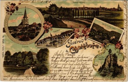 1898 (Vorläufer) Chotebor, Chrám P. sv. Jakuba, Pohled celkovy, Námestí, Doubravsky údol, Zámek, Certuv stolek. Art Nouveau, floral, litho (EK)