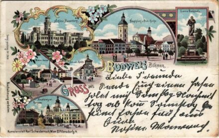 1899 (Vorläufer) Ceské Budejovice, Budweis; Schloss Frauenberg, Hauptplatz u. Dom-Kirche, Lanna Denkmal, Rathaus, Wiener-Gasse / castle, main square, church, monument, town hall, street view. Karl Schwidernoch Art Nouveau, floral, litho (EB)