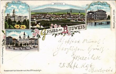 1900 Ceské Budejovice, Budweis; Schloss Frauenberg, Ringplatz mit Rathaus, Deutsches Haus / castle, main square, town hall, German House. Karl Schwidernoch Art Nouveau, floral, litho (fa)